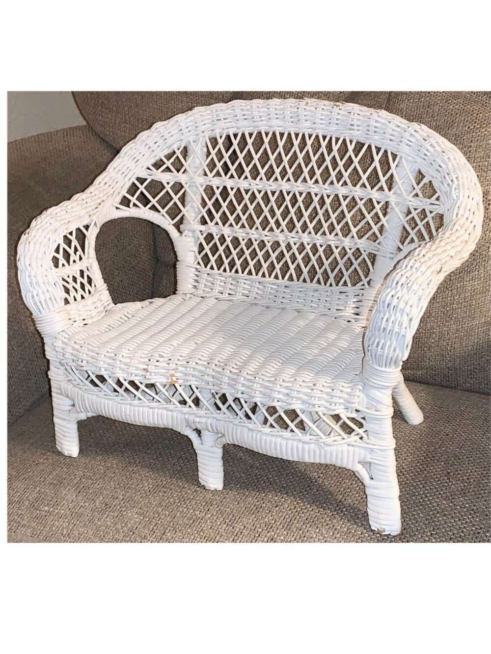 Vintage Doll Furniture Miniature White Wicker Mini Chair (14" long / 11" tall)